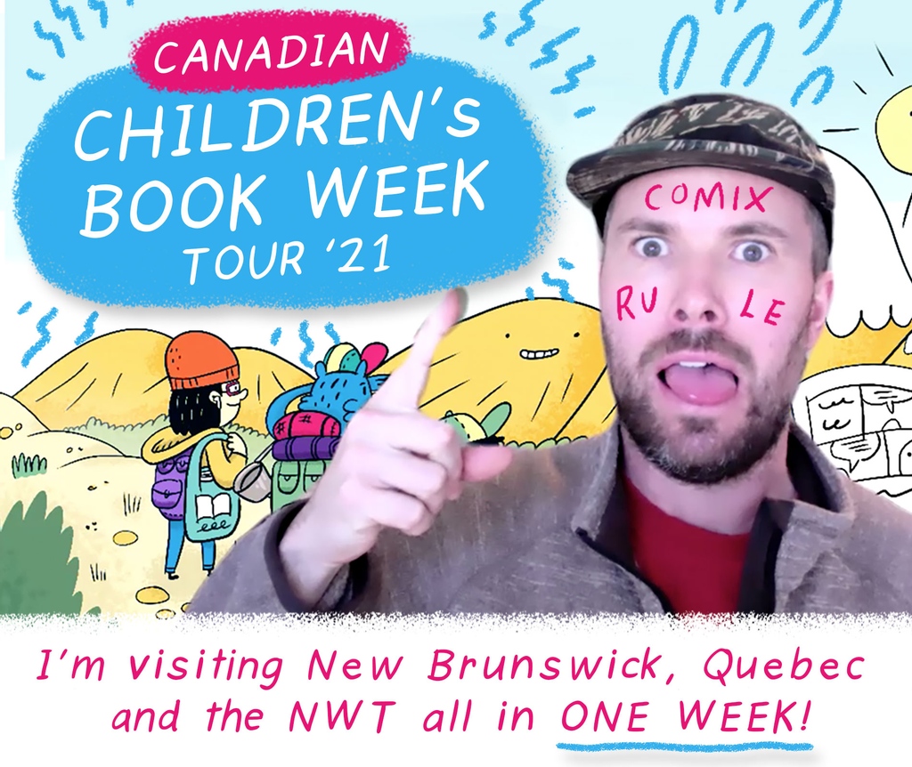 cton's tweet photo. This week I'm visiting schools all over the dang country! Stops in New Brunswick, Quebec and Northwest Territories thanks to the magic of Canadian Book Week (& the internets)! 🍁 📕 🖥️ ✈️
...
#CCBCBookWeek2021 @kidsbookcentre #claytonhanmer #cton #comicsforkids #ontour @owlkids https://t.co/1rby7UDiB6