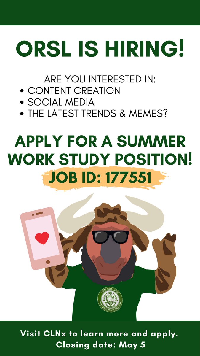 📢APPLICATIONS CLOSE TODAY!📢

Are you interested in working on fun social media content creation while completing your summer 2021 courses? Apply to a work study position today! Login to CLNx and search up the Job ID: 177551 to submit your application.