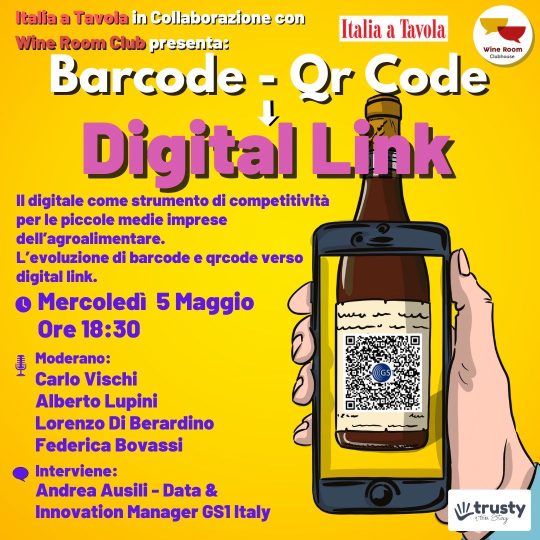 L’evoluzione di barcode e qrcode verso digital link. Ne parliamo nella room su ClubHouse realizzata da <a href="/ItaliaaTavola/">Italia a Tavola</a> 
Interverranno <a href="/GS1Italy_B2C/">Andrea Ausili</a> e @lollomen  
Qui il link per collegarsi: lnkd.in/eUvtKRr