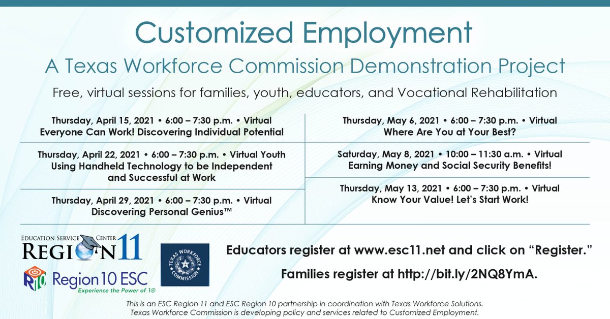 R11Transition's tweet photo. Families, Educators, and VR, get ready for next steps! Customized Employment: Where Are You at Your Best?  Thursday May 6, 2021 6:00 p.m. 
Families register at https://t.co/ZhwYZfjYd9 
Educators register at https://t.co/3zqHwJ5rK5
@ESCRegion11 https://t.co/OdNG1CmiCW