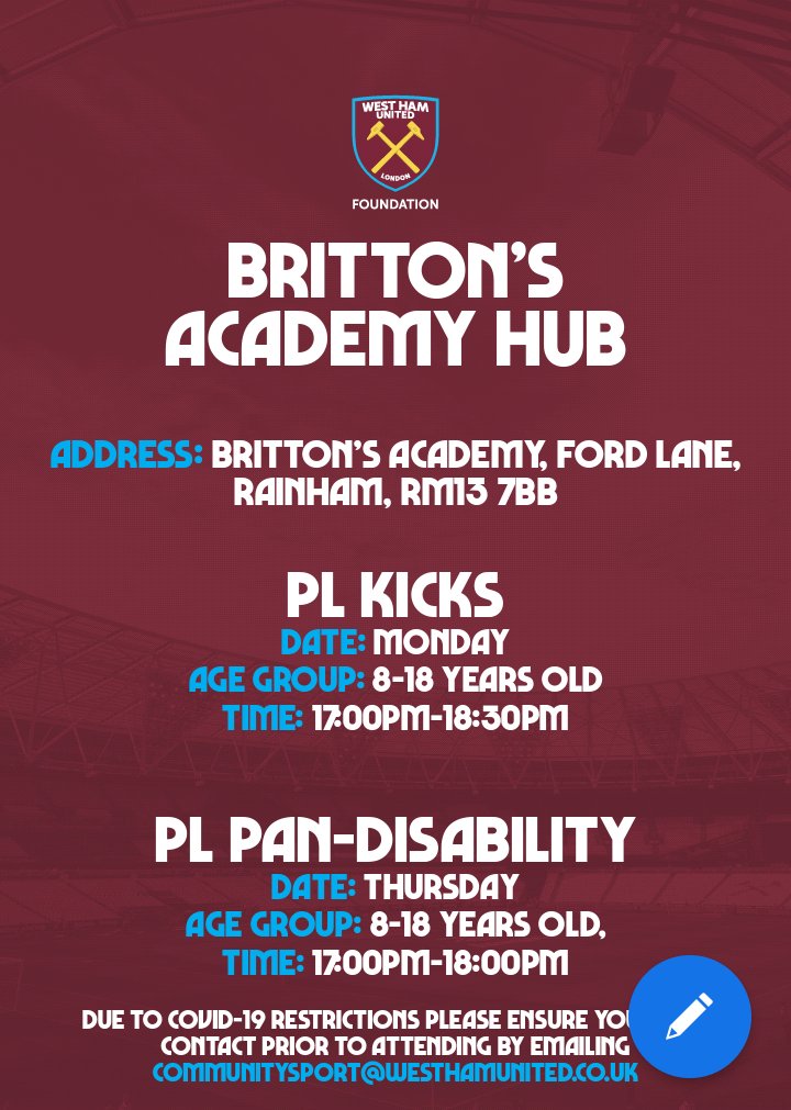 NewhamCAMHS (@camhsnewham) on Twitter photo ⚽⚽⚽
<a href="/WHUFoundation/">West Ham United Foundation</a>
FREE Premier League Kicks Session
⏩ Beckton
⏩ Barking
⏩ Rainham
Book here communitysport@westhamunited.co.uk
Age 8 to 18 ⚽⚽⚽
<a href="/WHUFoundation/">West Ham United Foundation</a>
FREE Premier League Kicks Session
⏩ Beckton
⏩ Barking
⏩ Rainham
Book here communitysport@westhamunited.co.uk
Age 8 to 18