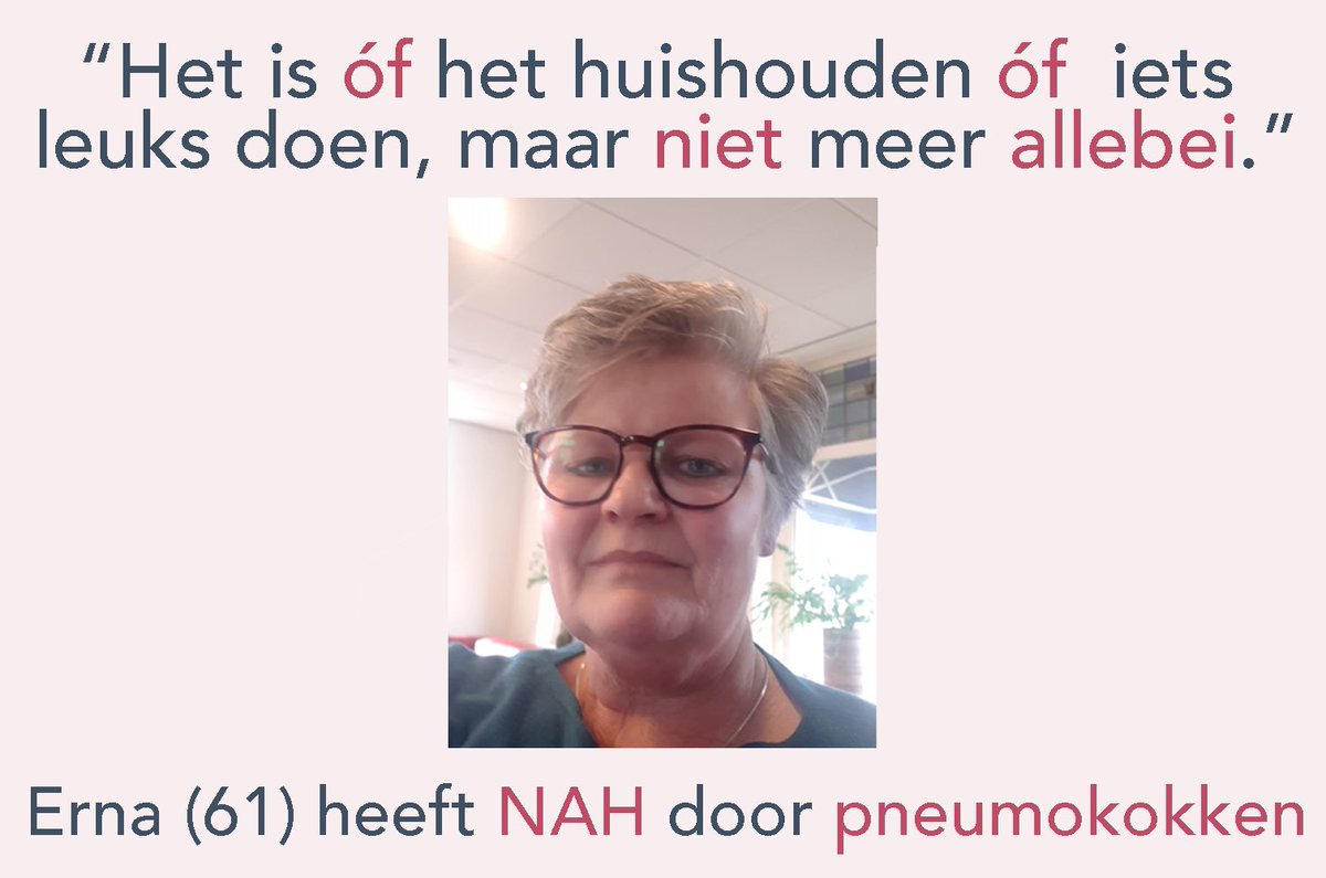 In 2017 overleeft Erna van Beek (61) ternauwernood de pneumokok.
Erna houdt er Niet Aangeboren Hersenletsel (NAH) aan over. 

Het indrukwekkende verhaal van Erna lees je op onze website: meningitis-stichting.nl/ervaringen/ver…