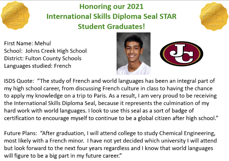 gadoeworldlang's tweet photo. Congratulations to Mehul from Johns Creek High School in Fulton County for being named the STAR ISDS student for his school! Congratulations Mehul! We wish you much success in your future career! #GlobalEngineer #FrenchLanguage #ISDS @FultonCoSchools @georgiadeptofed https://t.co/VeQBBDLyAi
