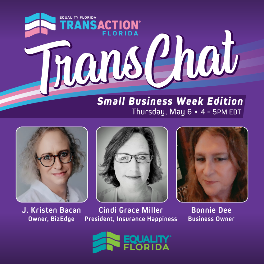 EqualityFL_EMB's tweet photo. This next installment of Trans Chat will focus on trans business owners as we recognize small business week. Join us for this great discussion on Facebook Live or Youtube. Click below to RSVP. 
https://t.co/LWtpwfQHOc https://t.co/t5IQ4RLynp