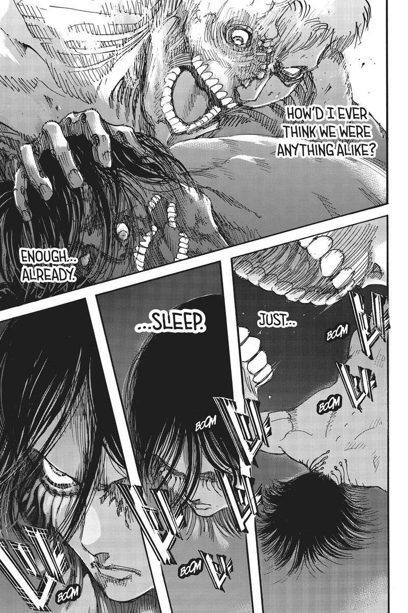 I love the idea of determinism in Eren's character, as someone with a complicated relationship to linearity. Eren desires freedom, but in AoT the future is certain & unchangeable which seems opposite to freedom, but instead of being strung along he charges headfirst into it.