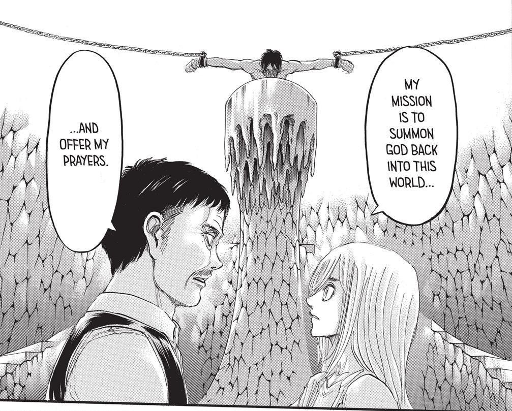 This asks us whether Eren's freedom actually came from seeing his own life's path, seeing the person he is but still have yet to become, & instead of denying it & resisting it, comes to accept himself & who he was destined to be, whether it's cruel, beautiful, a god or a devil.