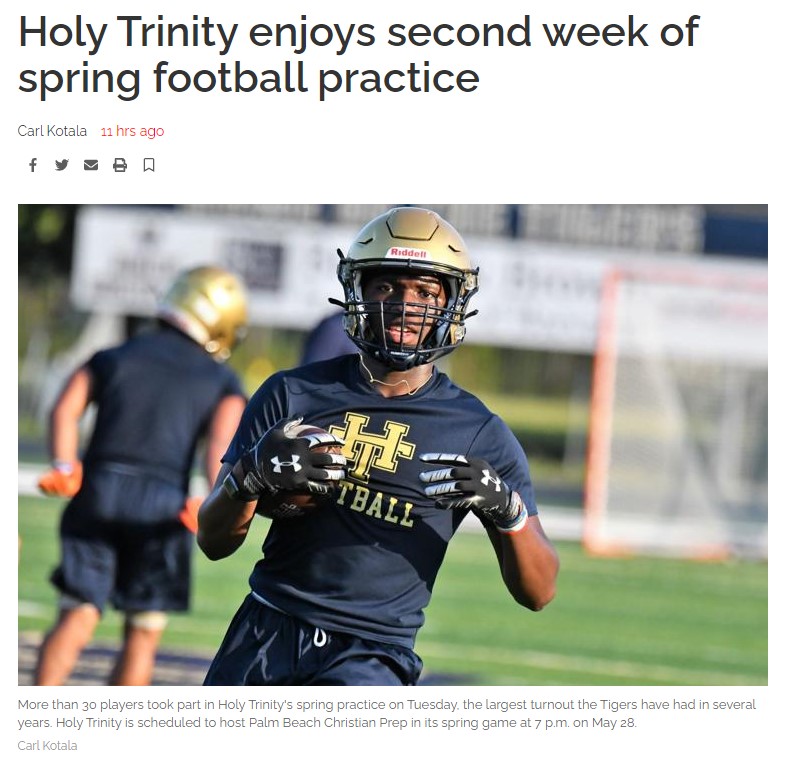 More than 30 players took part in Holy Trinity's spring practice on Tuesday, the largest turnout the Tigers have had in several years. Holy Trinity is scheduled to host Palm Beach Christian Prep in its spring game at 7 p.m. on May 28.

#GoTigers
#htfootball
#StartHereGoAnywhere