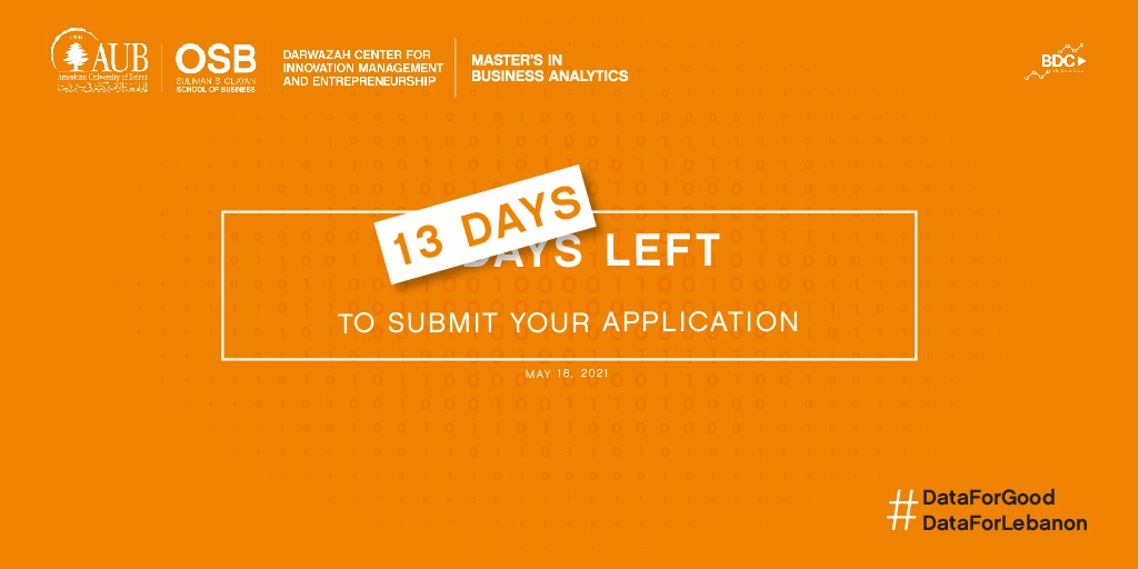 Darwazahaub's tweet photo. π£ We've got news for you π£ the deadline for application to the #DataForGood #Hackathon is extended until May 18!
Submit your application here: https://t.co/5f6KwGEDB1
#DataForLebabon #BigData
@AUB_Lebanon @AUBOSB @AUBiPark https://t.co/iwP8MlFmbM