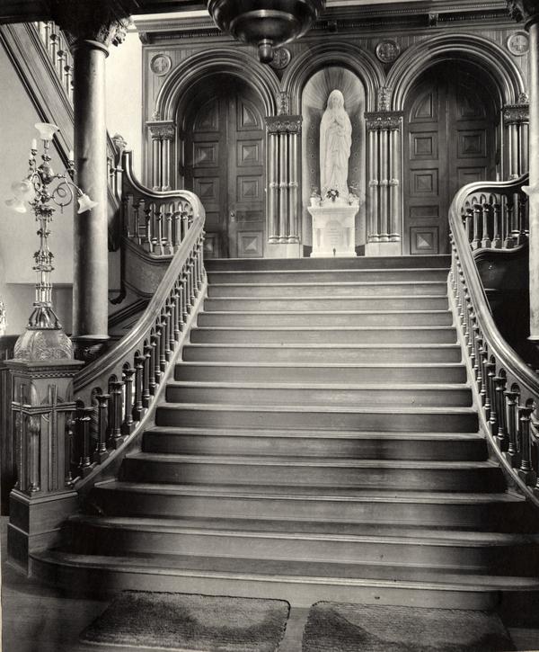 This #WaybackWednesday, we're returning to Caldwell Chapel on the #CatholicU campus, with a view of its entrance! This 1896 photo shows the staircase leading up to the Chapel.