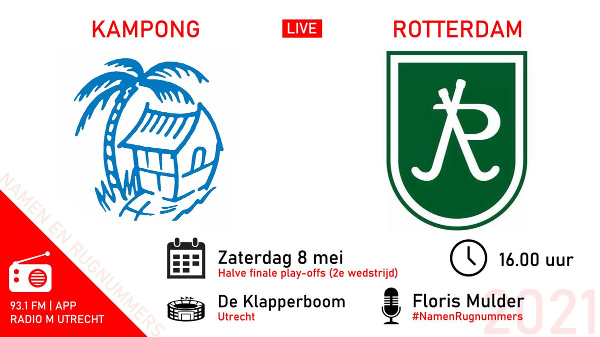 RTVUtrechtSport's tweet photo. LIVE | Het is tijd voor de beslissingen in de play-offs om de landstitel. Vandaag is het tweede duel tussen Kampong en Rotterdam!

Je hoort onze @florism met het commentaar!

📻 Live op Radio M (93.1 FM)
#️⃣ #NamenRugnummers 
#️⃣ #KamRot #hockey @KampongHockey @HCRotterdam https://t.co/IQ8ti3AAQp