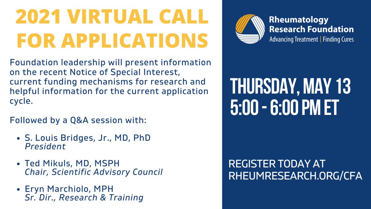 ACR/ARP members are invited to learn about the recent #telehealth NOSI, current funding mechanisms for research & participate in a Q&A session w/ @HSS_PIC  
@emarchiolo & Ted Mikuls, MD, MSPH. Register today! rheumresearch.org/CFA #RheumRFA #Rheumatology