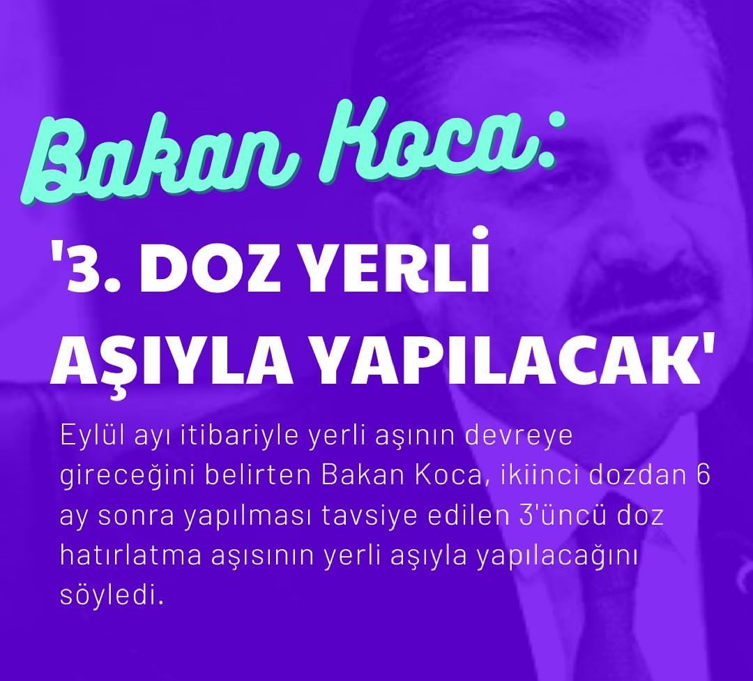✍️Bakan Koca: 3. doz yerli aşıyla yapılacak

⚕️#Eylül ayı itibariyle yerli aşının devreye gireceğini belirten Bakan Koca, ikinci dozdan 6 ay sonra yapılması tavsiye edilen 3'üncü doz hatırlatma aşısının yerli aşıyla yapılacağını" söyledi.