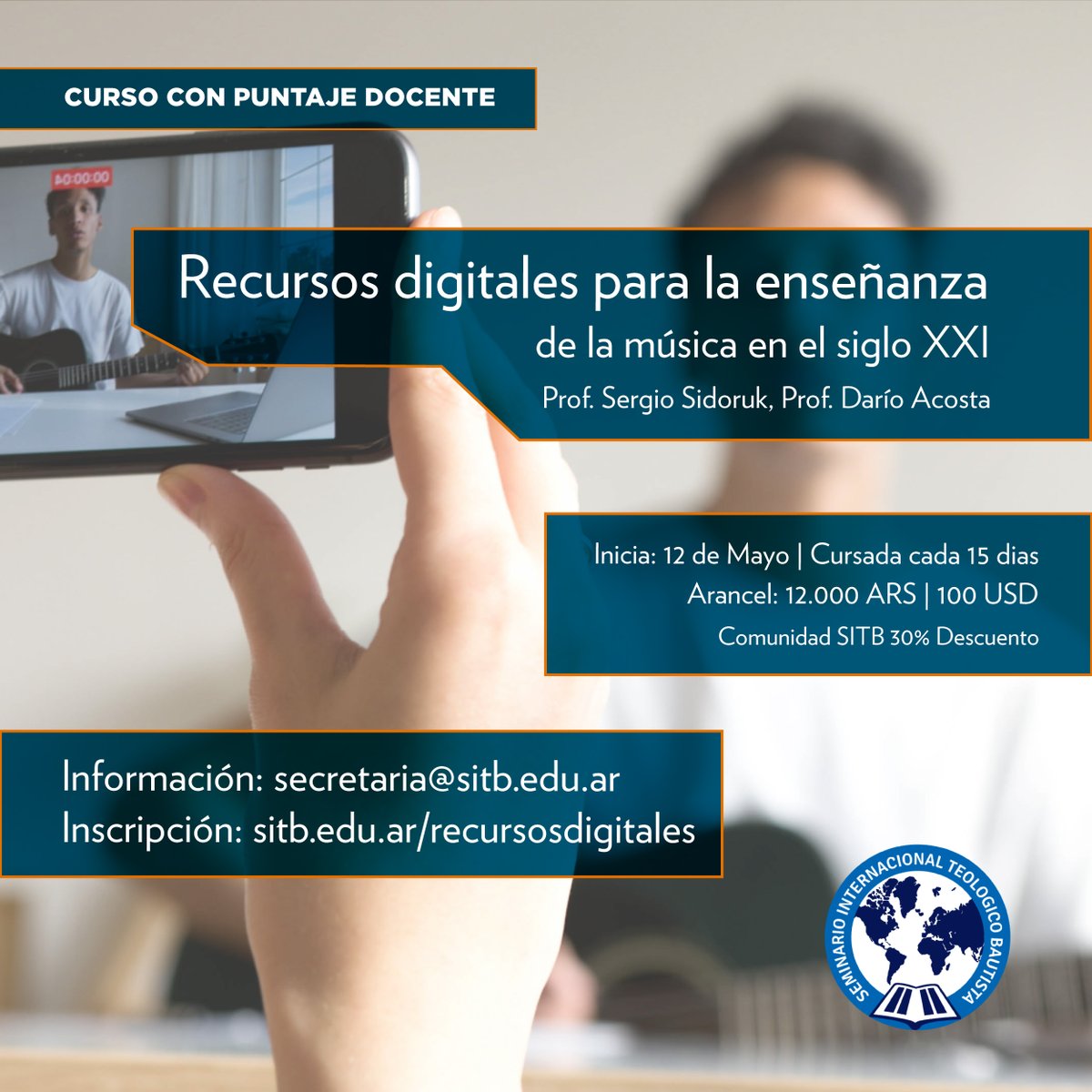 Hola PROFES DE MÚSICA. Recursos digitales.
Empieza el 12 de mayo y tiene puntaje docente en Buenos Aires (1 pto.) 3 meses
Es virtual, semana de por medio.
Inscripción sitb.edu.ar/recursosdigita…
Información: secretaría@sitb.edu.ar
#educacion #profesor #música