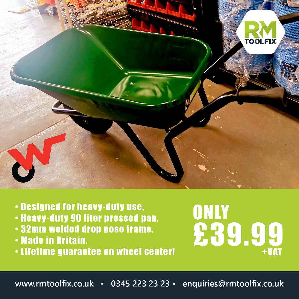 RMToolfix's tweet photo. We now stock heavy-duty, British made wheelbarrows in a variety of sizes and colours. Get yours today for just £39.99 +VAT today! 👷‍♂️👏

#RMToolfix #Wheelbarrow #British #BritishMade #MadeInBritain #DIY #Construction #DoItRight https://t.co/O4AE1UMcRA