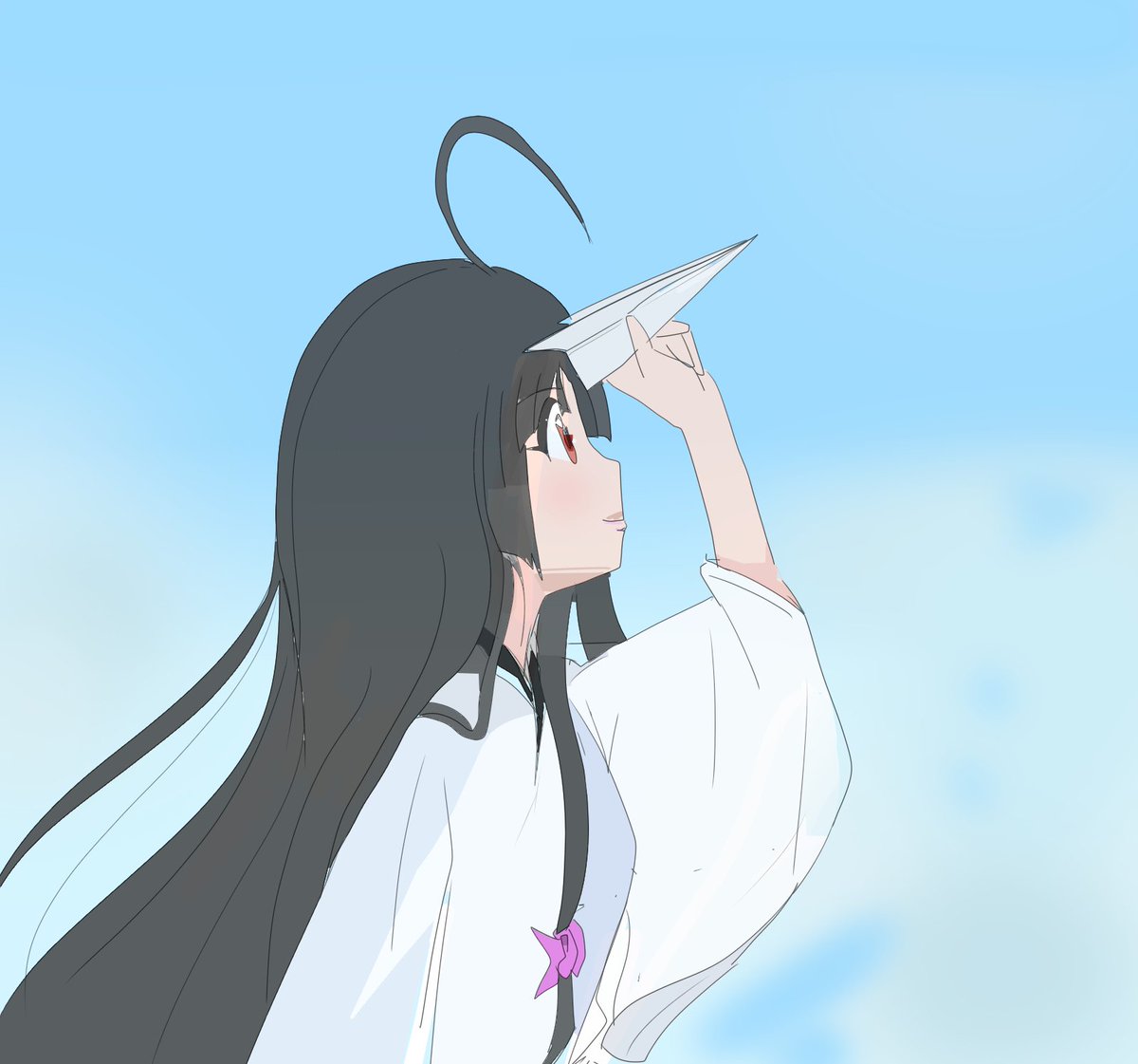 shouhou (kancolle) 1girl long hair solo ahoge black hair paper airplane japanese clothes  illustration images
