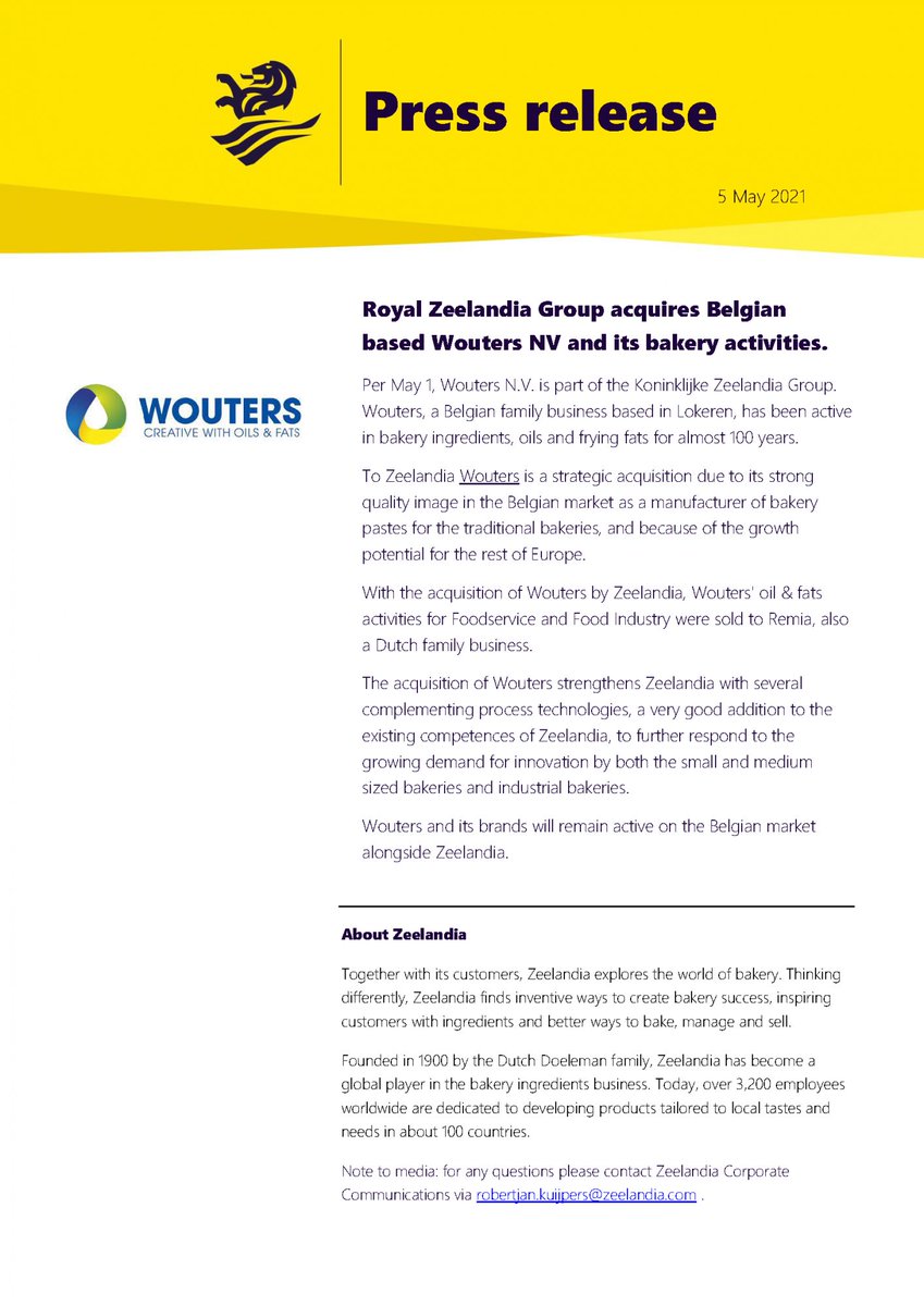 Royal Zeelandia Group acquires Belgian based Wouters NV and its bakery activities. 

#bakery #bread #bread #pastry