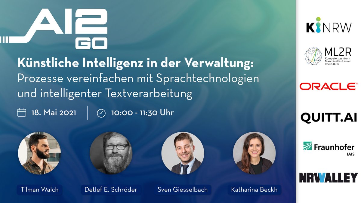 🗂️📝 Wie kann man #KI in der #Verwaltung nutzen? Darüber sprechen wir bei #AI2GO am 18. Mai mit Tilman Walch <a href="/NRWalley/">NRWalley</a>, Detlef E. Schröder <a href="/Oracle_DE/">Oracle Deutschland</a> sowie <a href="/SvenGiesselbach/">Sven Giesselbach</a> &amp; <a href="/kbeckh/">Katharina Beckh</a>, beide @MLCompetence &amp; <a href="/FraunhoferIAIS/">Fraunhofer IAIS</a>.     
Zur Anmeldung: ki.nrw/ai2go-ki-in-de…