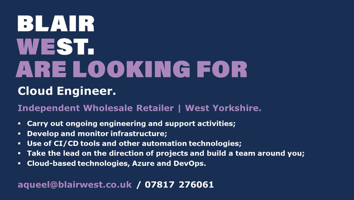 Aqueel is looking to speak to #CloudEngineers in the #WestYorkshire area. 

Get in touch for more details.