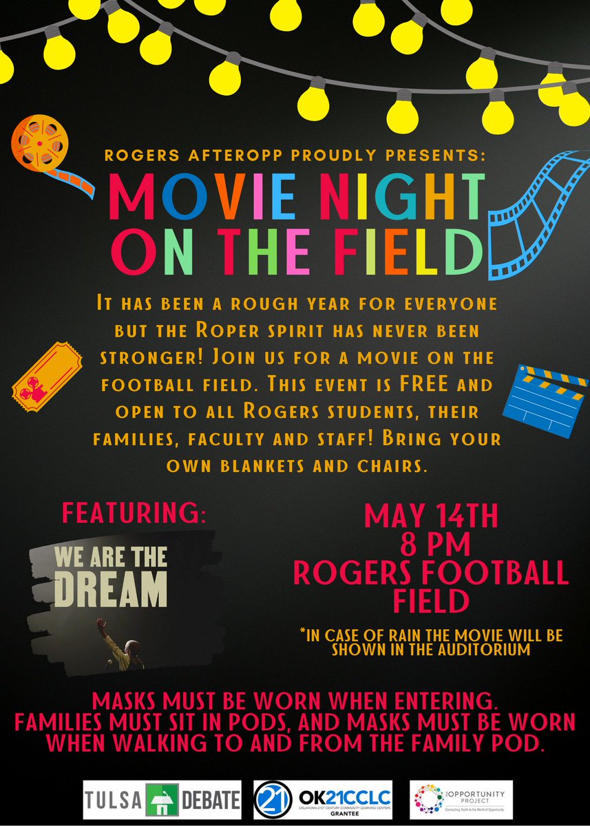 Movie Night on the Field!!! May 14th, 8:00 pm
Rogers Football Field <a href="/TulsaDebate/">Tulsa Debate League</a>