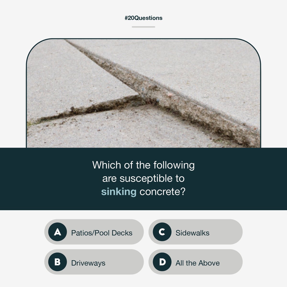 permasealchi's tweet image. Pop Quiz Time! Do you know the facts about sinking concrete?
#ConcreteLiftingandLeveling #GoPermaSeal