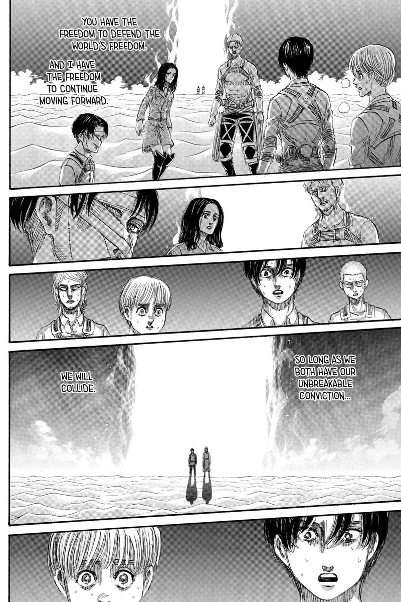 He had no choice but to accept the outcome as inevitable, but he saw the potential in it, in his friends who would go on living & continue their fight. It was the result of all their wills colliding & in Survey Corps spirit Eren left it up to his friends to give his death meaning