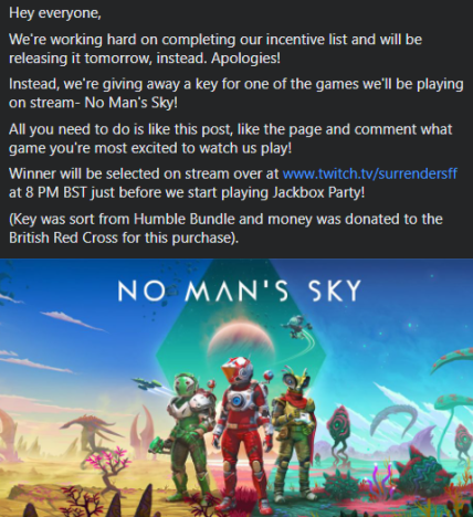 SurrendersFF's tweet photo. LIKE this post, COMMENT and FOLLOW this account to be in for a chance to win #NoMansSky 

Winner will be selected on stream over at https://t.co/5O3cjUItEO at 8 PM BST just before we start playing Jackbox Party! https://t.co/7GJ9khykt5