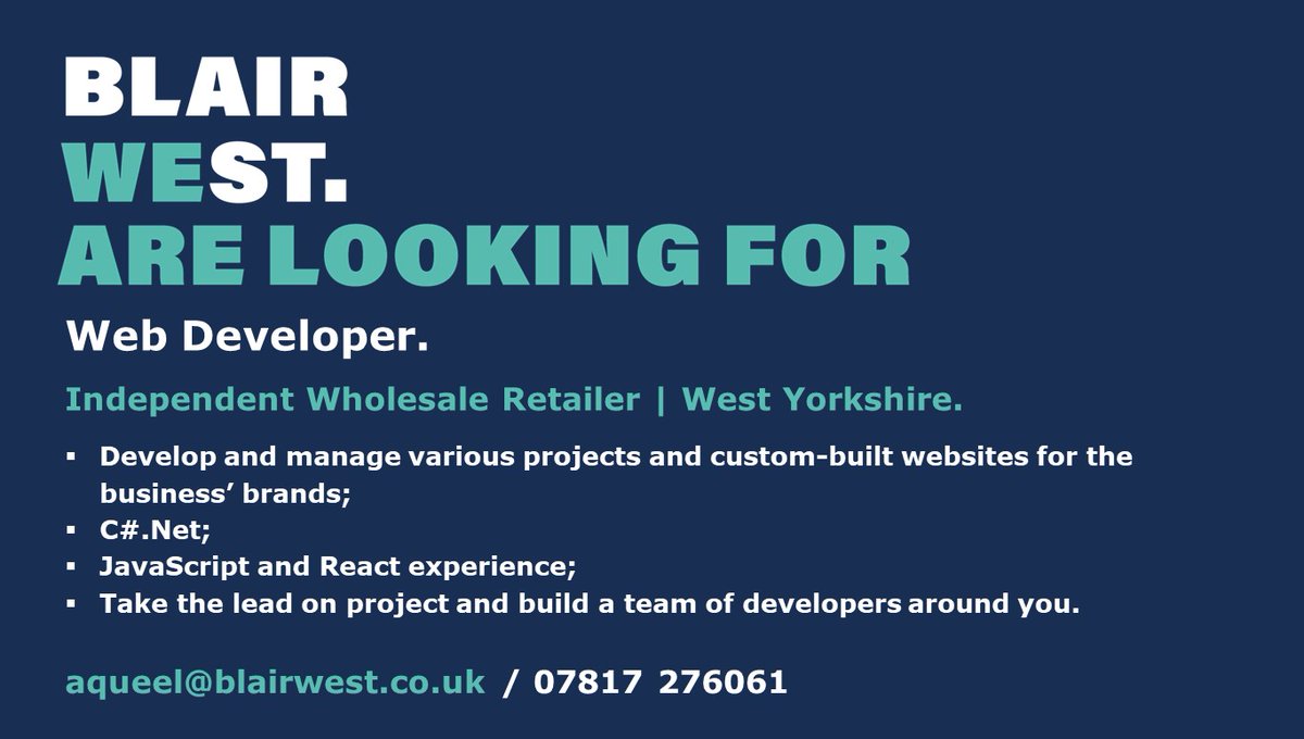 We're working with a #WestYorkshire based wholesale retailer who are looking for a #WebDeveloper. 

Get in touch with Aqueel for more information.