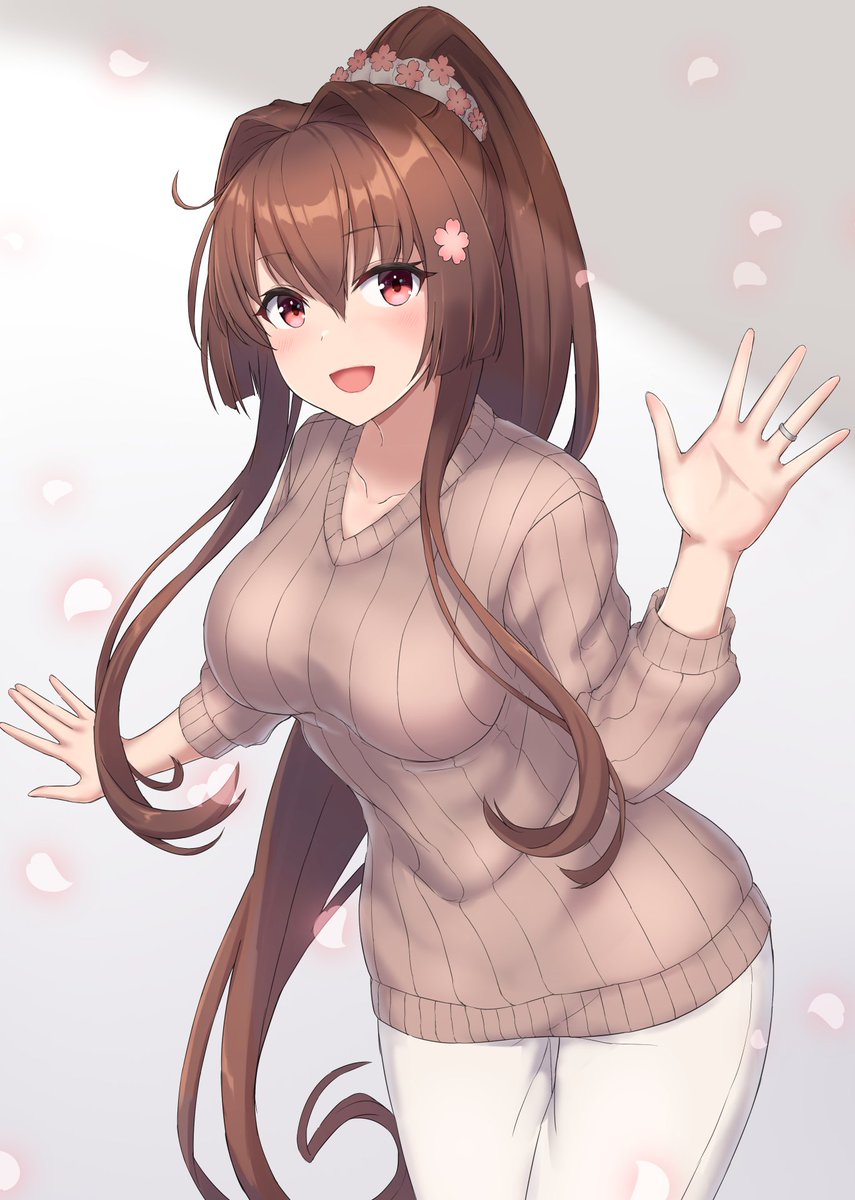 yamato (kancolle) 1girl long hair solo brown hair white pants brown sweater hair flower  illustration images