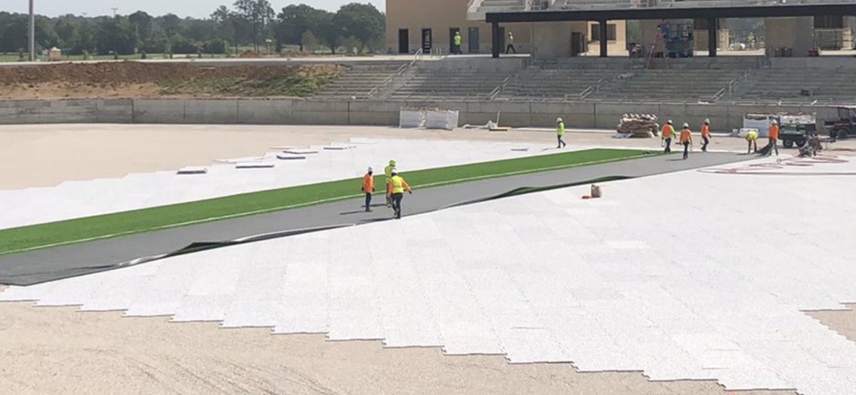 JMilesKHOU's tweet photo. Ready in time for Friday night 🏈: here’s a look at how construction on @TomballISD’s new 10K seat stadium is going. The $40m+ facility (part of 2017 bond) includes a community center. It should be done by the fall after some delays. Pics: @GuerreSteve #khou11 @LAN_Engineering https://t.co/T1Zafc9ltq