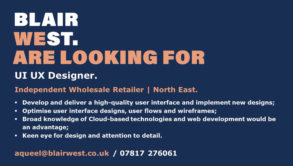 Our #NorthEast based wholesale retail client are looking for #UI #UX Designer. 

Contact Aqueel for more information.