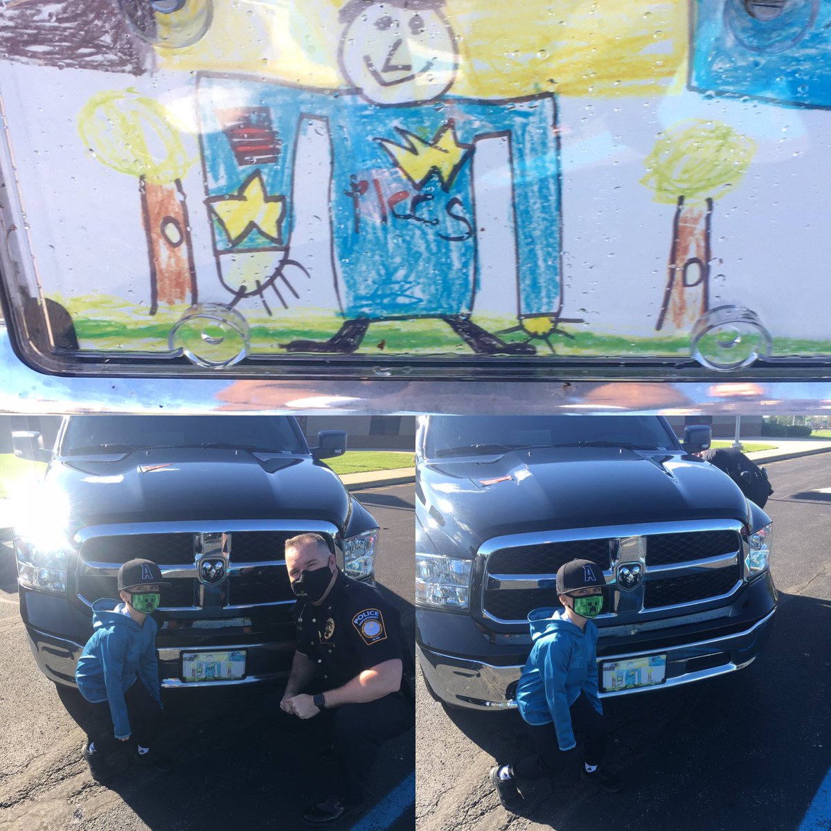 Chief Lyday poses with Emmett and his license plate design that will adorn Avon Schools PD cars... awesome job!