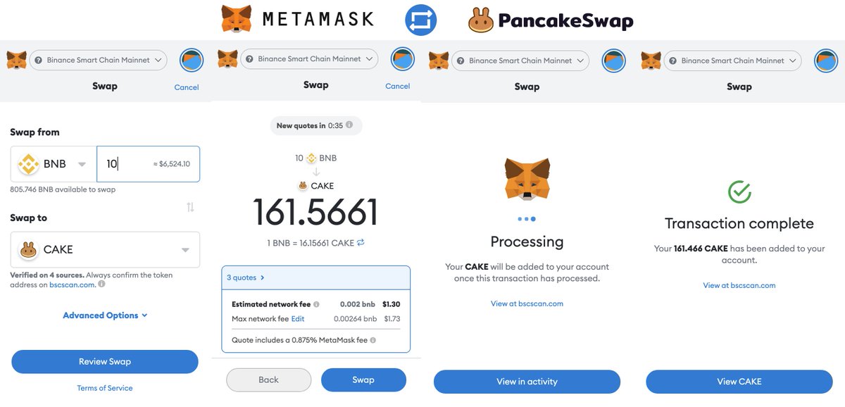 PancakeSwap's tweet image. PancakeSwap has been added to @MetaMask's built-in swap feature!

                          🦊
#BSC 🤝 #MetaMask 🤝 🥞 #PancakeSwap