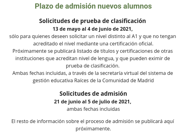 Admisión nuevos alumnos alemán, francés e inglés.