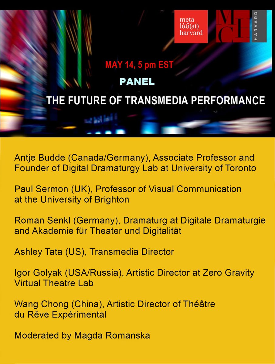 Check out THE FUTURE OF TRANSMEDIA PERFORMANCE May 14 - 5pm a panel of 6 distinguished speakers including #CDTPS Prof Antje Budde will explore the impact of the pandemic on the experimental transmedia theatre &amp; performance. Register at ow.ly/lqIF50EFnxk
@ddl_squared #UofT