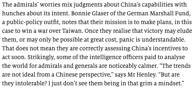 More broadly, see  @DSORennie's excellent briefing on Taiwan and his thoughtful attempt to parse some of the differing views on risk. "Strikingly, some of the intelligence officers paid to analyse the world for admirals and generals are noticeably calmer."  https://www.economist.com/briefing/2021/05/01/chinas-growing-military-confidence-puts-taiwan-at-risk