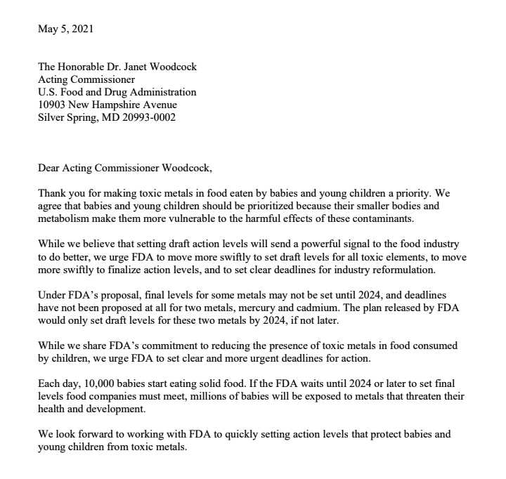ewg's tweet photo. BREAKING: Today, more than 100 organizations signed a letter to @DrWoodcockFDA urging @US_FDA to accelerate its plan to set mandatory limits on levels of toxic heavy metals in baby food. #ToxicFreeFoodFDA https://t.co/bLwChDhAZP