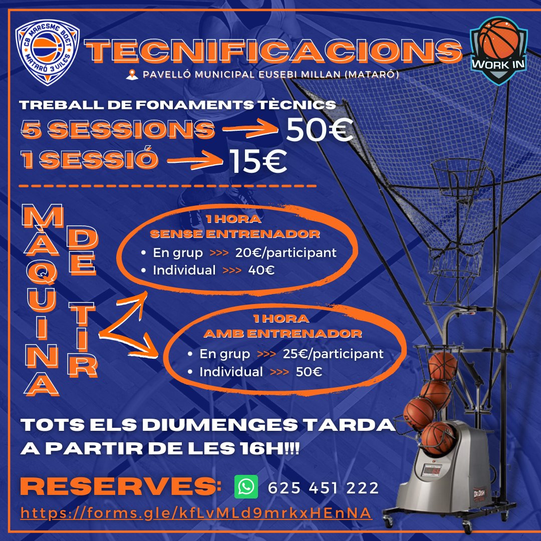 TORNEN LES TECNIFICACIONS DE CAP DE SETMANA!!! ‼️ DIUMENGES a la tarda a partir de les 16h. ➡️ Treball de fonaments tècnics en grup reduït ➡️ Màquina de tir + entrenador ➡️ Màquina de tir sense entrenador 📥 Inscripcions a: forms.gle/kfLvMLd9mrkxHE… #JuntsSomMés🟠🔵