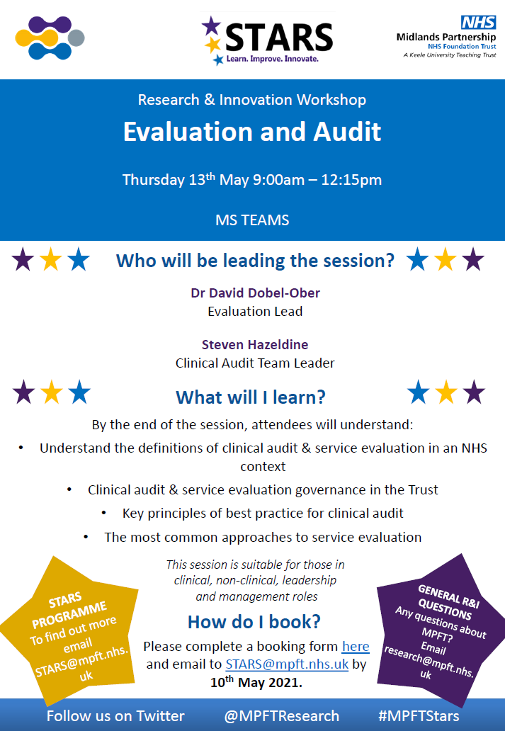 Would you like to find out about service evaluations &amp; audits - what are they &amp; how do you approach them? Join Dr David Dobel-Ober &amp; Steven Hazeldine on 13th May at 9am for a STARS workshop on ‘Service Evaluation and Audit’. 
All <a href="/mpftnhs/">Midlands Partnership University NHS FT</a> staff welcome,📨STARS@mpft.nhs.uk to book