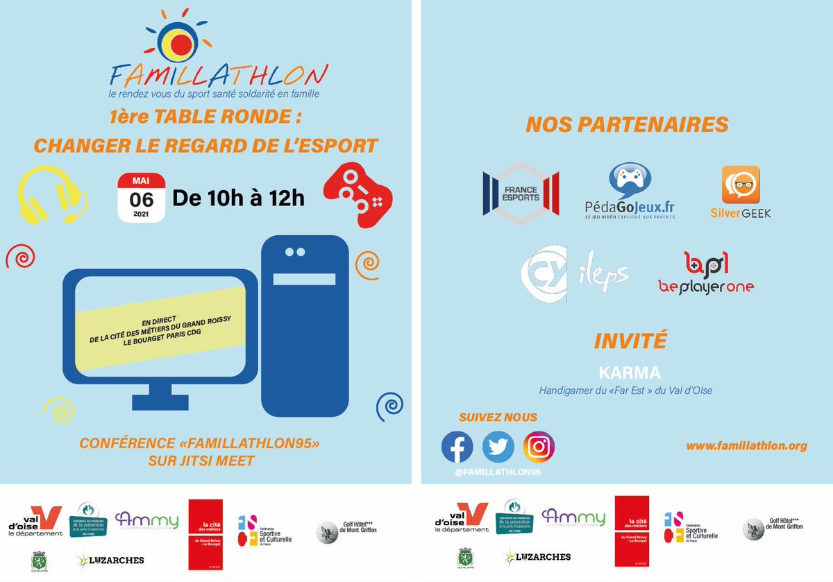 J-1 Table Ronde Famillathlon 95 : Changer le regard sur l'esport

Rendez-vous demain à partir de 10h sur Jitsi Meet. 
Voici le lien : meet.jit.si/Famillathlon95

Table Ronde en compagnie de <a href="/NicoBesombes/">Nico Besombes 🦋</a> <a href="/VB_SilverGeek/">Vincent Blanchard</a> <a href="/AM0V3/">Amove</a> <a href="/be_player_1/">Be Player One</a> <a href="/pedagojeux_fr/">PédaGoJeux</a> <a href="/golfmontgriffon/">Golf de Mont Griffon</a>