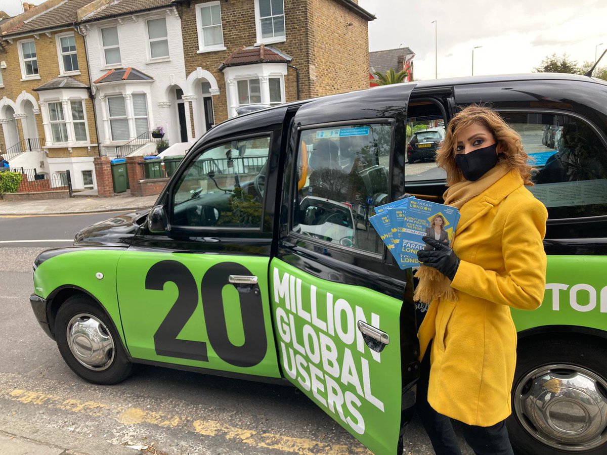 MsFarahLondon's tweet photo. Last day campaigning in style in a #blackcab of course with the knowledge of @GreenBadgeKOL we are hitting the boroughs 💪 #LondonMayor2021 #LondonMayor #London https://t.co/KlR2vdS9w3