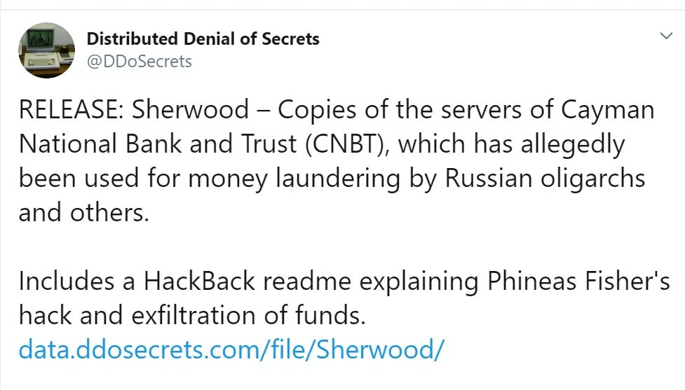 In late 2019, Fisher appeared to have returned and copied several of the bank's network hard drives In November of 2019, the transparency collective  @DDoSecret released about 2TB of information from the leak online