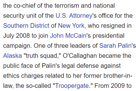 His prior claim to fame is as Sara Palin's "Truth" Squad, but he had NATSEC experience at SDNY.