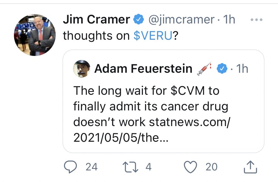 DelistThisStock's tweet photo. $CVM Did Jim Cramer retweet Adams post? 👀 and ask for his opinion? Does Adam and Jim Cramer agree that something is not right with @CelSciCorp? ⚠️⚠️⚠️⚠️⚠️🚩🚩🚩🚩🚩 Wasn’t Geert just begging Jim the other day in his Twitter comments? GL! https://t.co/MZ24OuffMW