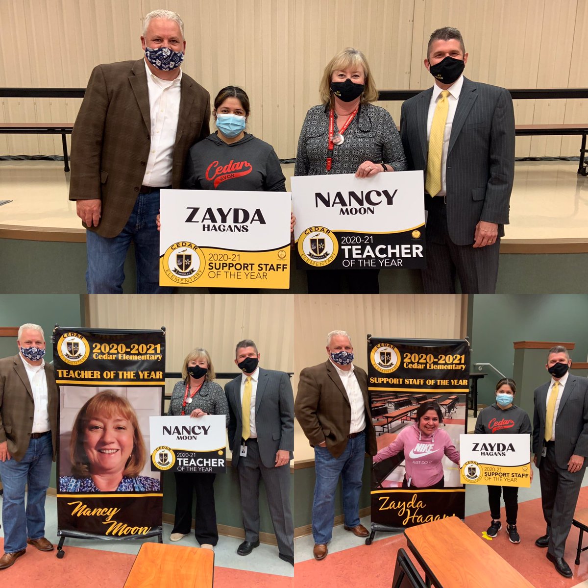 Cedar celebrated Support Staff of the Year and Teacher of the Year this morning! Congrats to Mrs. Zayda Hagans (Miss Z) SSOY and Mrs. Nancy Moon TOY! Also thanks to Dr Wyndham, Kevin Carr, and Jack’s Doughnuts for topping off the morning!