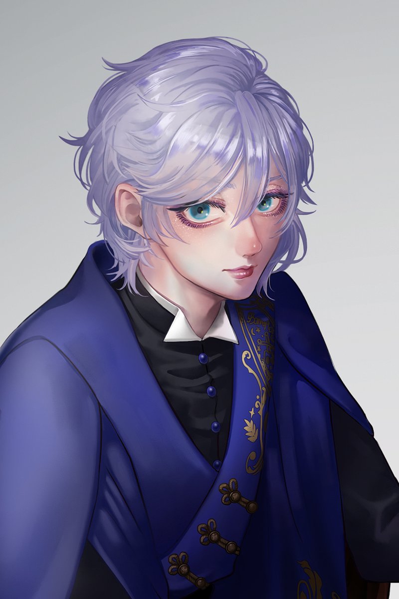 solo looking at viewer 1boy male focus blue eyes grey background hair between eyes  illustration images