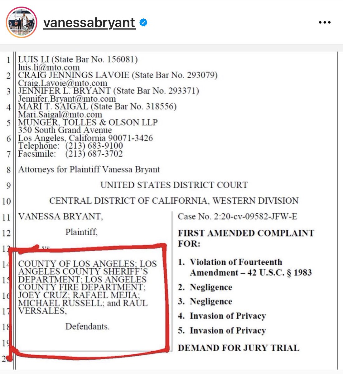Vanessa remains on the offensive after taking to Instagram to blast Sheriff’s deputies who allegedly shared graphic photos from the helicopter crash that killed Kobe, Gianna and 7 others.Here are some of her IG posts detailing the names/claims of deputies within the department.