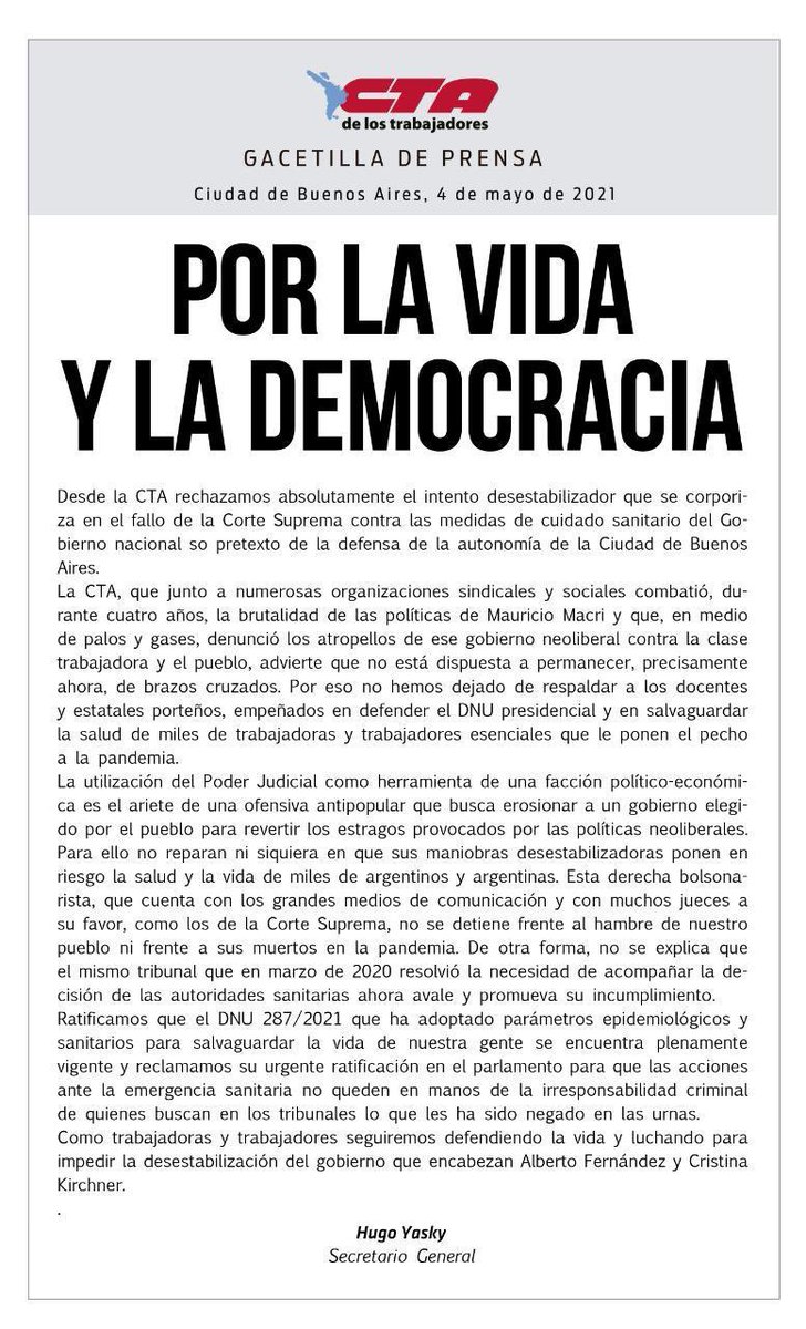 CachaRodriguez's tweet image. Por la vida y la democracia 
@HugoYasky @SUTEBAProvincia @CTAok @ctabsas
