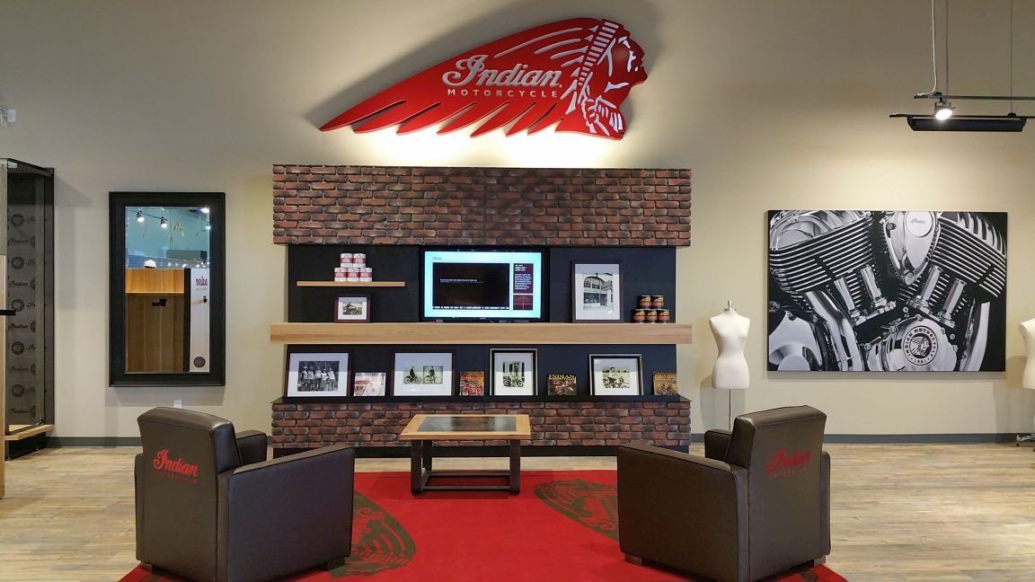 laborincca's tweet photo. An empty store is a beautiful sight. A clear canvas waiting to be transformed. With all new wall fixtures, display racks and custom accent cladding below the iconic Indian Motorcycle Logo. We were honored to get to transform multiple Indian Motorcycle Dealerships across Canada. https://t.co/ZVcvjGT1zC