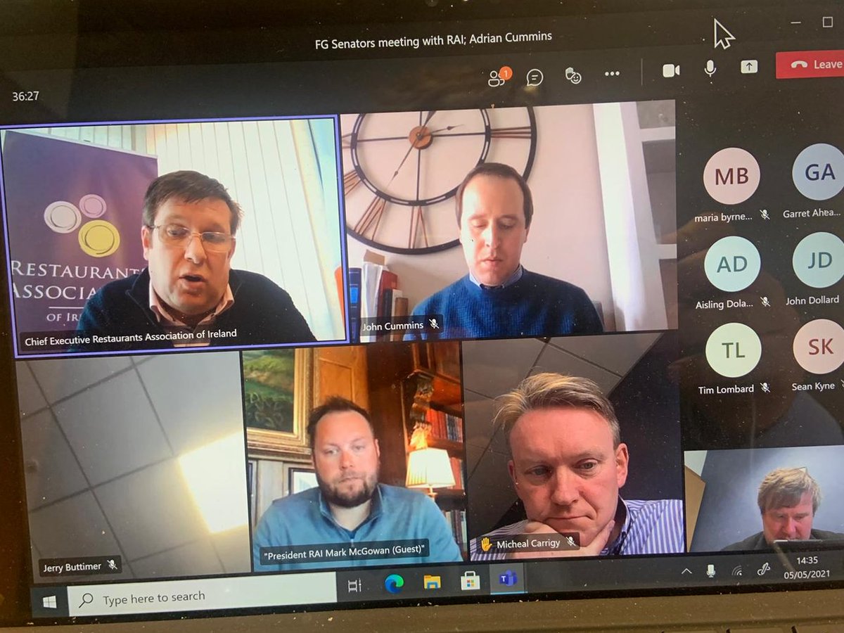 The <a href="/FineGael/">Fine Gael</a> #Seanad group engaged with two industry sectors today: <a href="/RAI_ie/">Restaurants Association of Ireland</a>; <a href="/irishhairfed/">IHF</a> &amp; <a href="/spa_irish/">Irish Spa Association</a>.
We talked about difficulties facing small, local businesses - the backbone of our economy - opening up after #Covid.
<a href="/daniellekenn/">Danielle Kennedy</a> <a href="/Anitamurray00/">Anita Murray</a> <a href="/PresidentRAI/">Seán Collender</a> <a href="/adriancummins/">Adrian Cummins 🇮🇪🇪🇺🇵🇸</a>