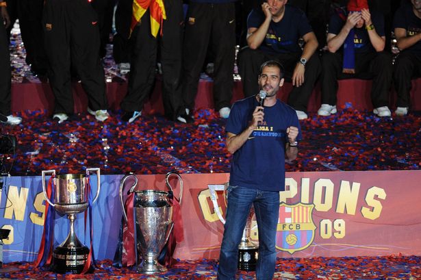 His first season at Barcelona was famously remarkable, winning the first ever Spanish treble consisting of La Liga, the Copa del Rey and the UEFA Champions League In his first full calendar year he won football's first ever Sextuple
